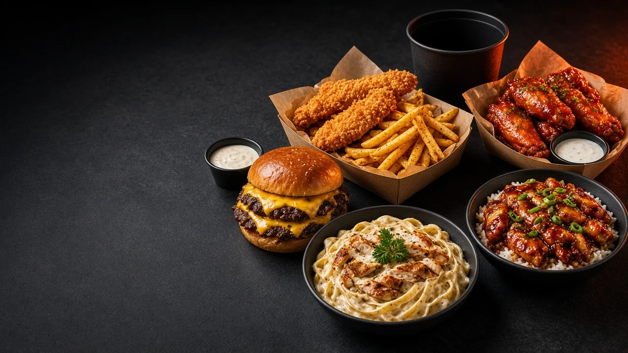 Burgers, wings, tenders, fries, pasta and a rice bowl from Crave District